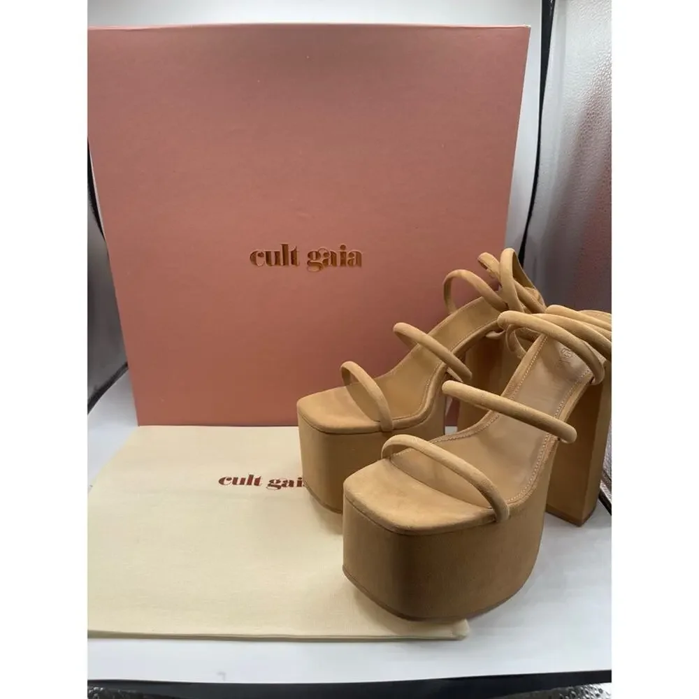 CULT GAIA Hyte Strappy Ankle Wrap Suede Leather Camel Platform Heels Size 8.5